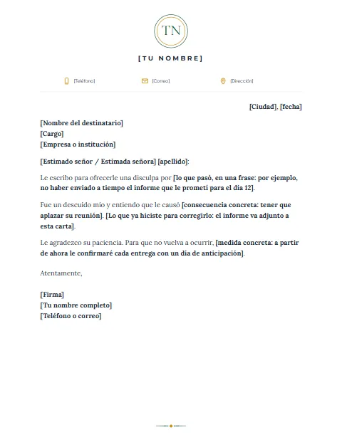 Carta de Disculpa Formal: diseño Monograma