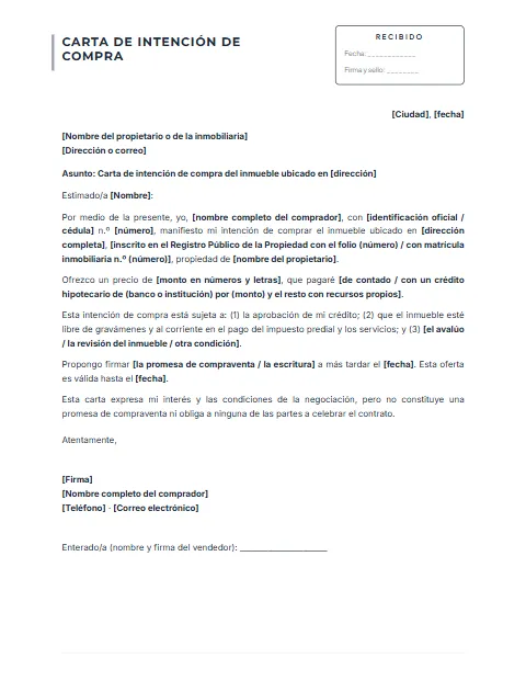 Carta de Intención de Compra: diseño Con acuse