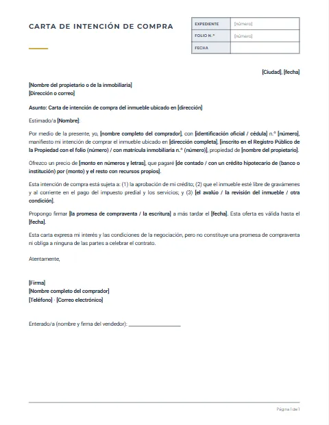 Carta de Intención de Compra: diseño Expediente