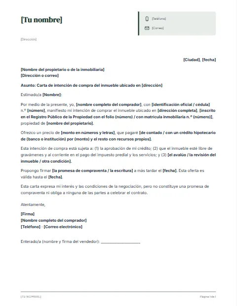 Carta de Intención de Compra: diseño Ficha de datos