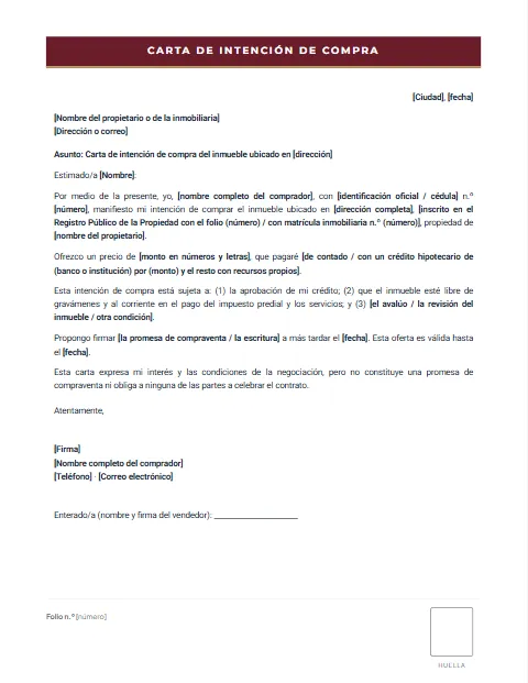 Carta de Intención de Compra: diseño Formato con huella
