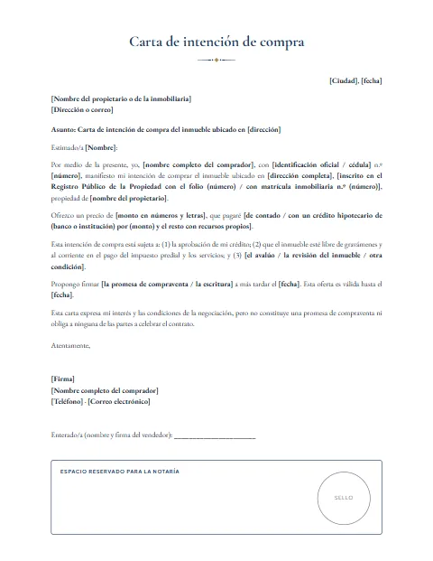 Carta de Intención de Compra: diseño Para notaría