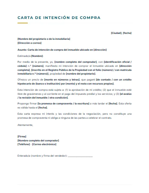 Carta de Intención de Compra: diseño Sobrio