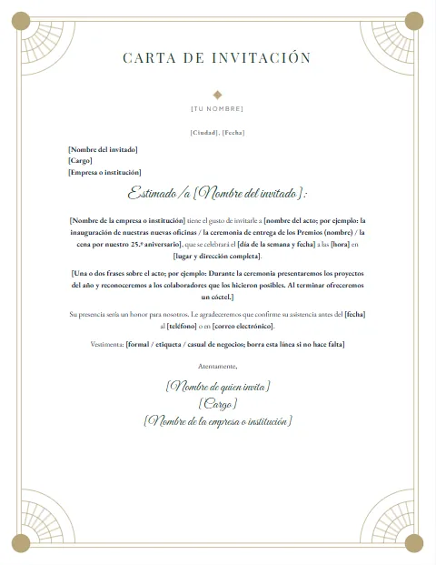 Carta de Invitación Formal: diseño Art déco
