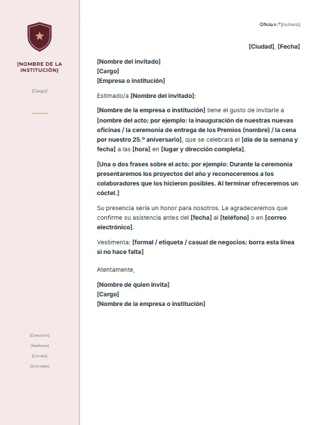 Carta de Invitación Formal: diseño Columna institucional