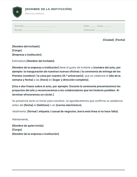 Carta de Invitación Formal: diseño Escudo escolar