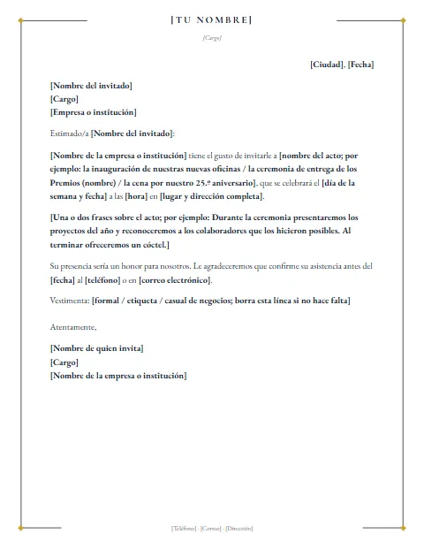 Carta de Invitación Formal: diseño Marco fino