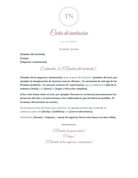 Carta de Invitación Formal: diseño Monograma en círculo