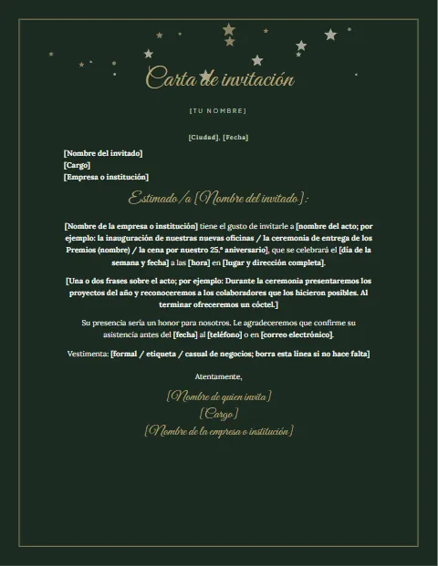 Carta de Invitación Formal: diseño Noche dorada