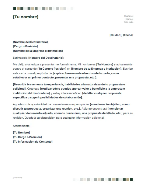Carta de Presentación Formal: diseño Cuadros
