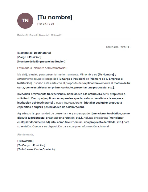 Carta de Presentación Formal: diseño Perfil
