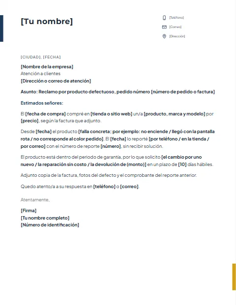 Carta de Reclamo Formal: diseño Acento lateral