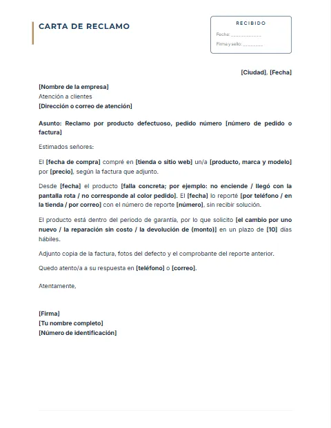 Carta de Reclamo Formal: diseño Con acuse