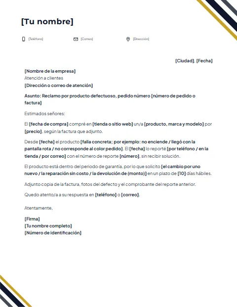 Carta de Reclamo Formal: diseño Cintas