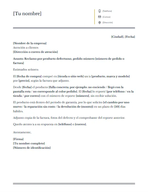 Carta de Reclamo Formal: diseño Columnas
