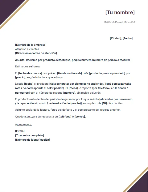 Carta de Reclamo Formal: diseño Esquinas