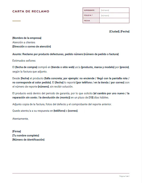 Carta de Reclamo Formal: diseño Expediente