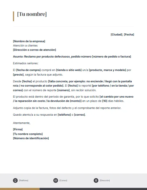 Carta de Reclamo Formal: diseño Pie con iconos