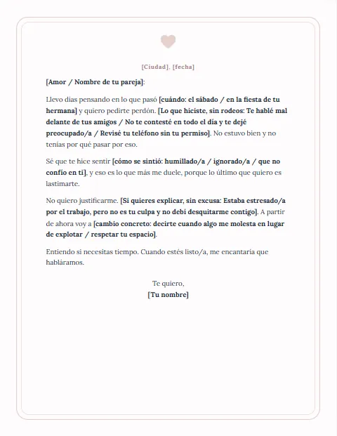 Carta de Disculpa Informal: diseño Cariño