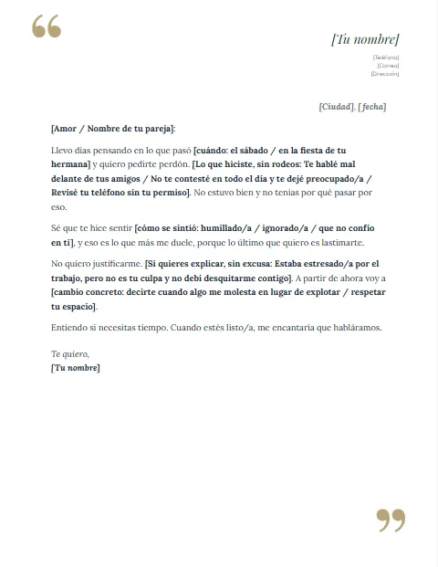 Ejemplo de carta de disculpa para la pareja