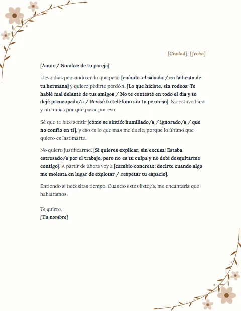 Carta de Disculpa Informal: diseño Floral