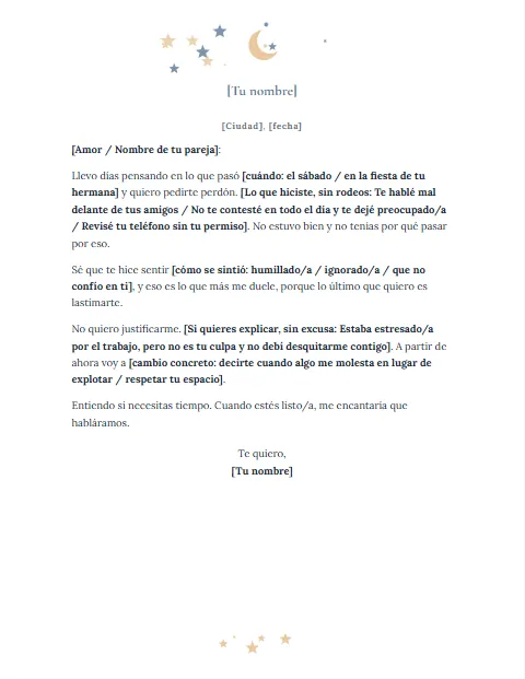 Carta de Disculpa Informal: diseño Luna y estrellas