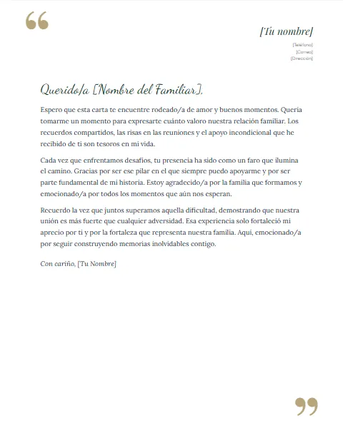 Carta Informal para un Familiar: diseño Comillas
