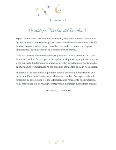 Carta Informal para un Familiar: diseño Luna y estrellas