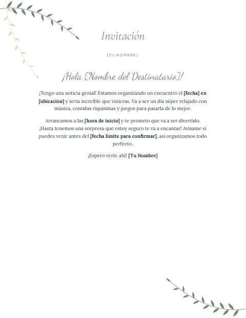 Carta de Invitación a un Evento Informal: diseño Eucalipto