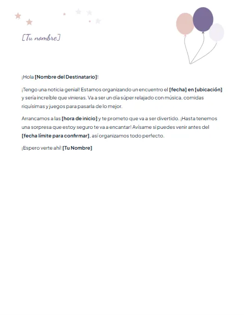 Carta de Invitación a un Evento Informal: diseño Globos