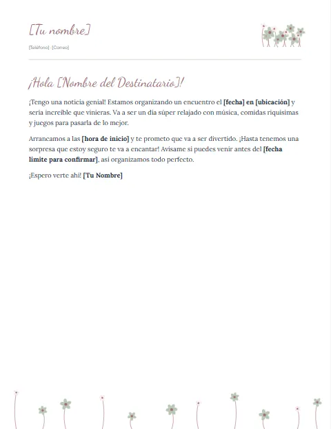 Carta de Invitación a un Evento Informal: diseño Pradera
