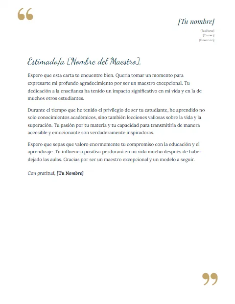 Carta Informal para un Maestro: diseño Comillas