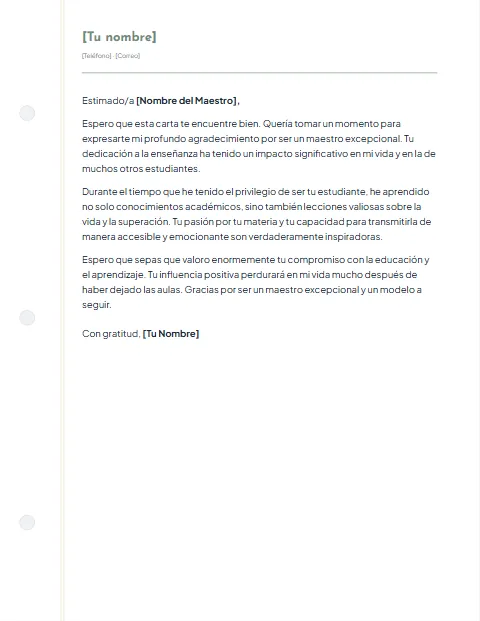 Carta Informal para un Maestro: diseño Cuaderno