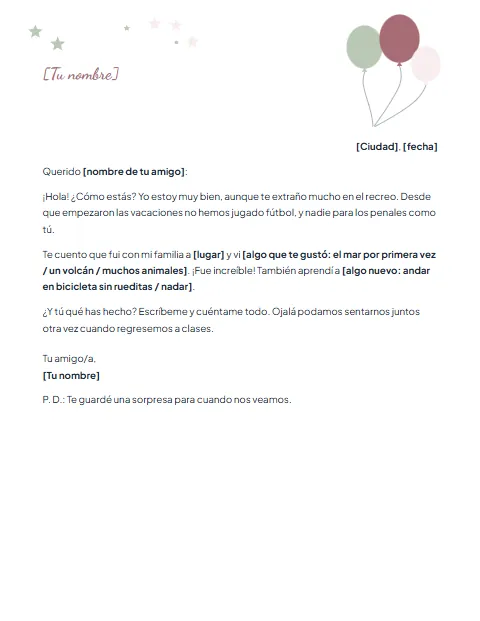 Carta Informal para Niños: diseño Globos