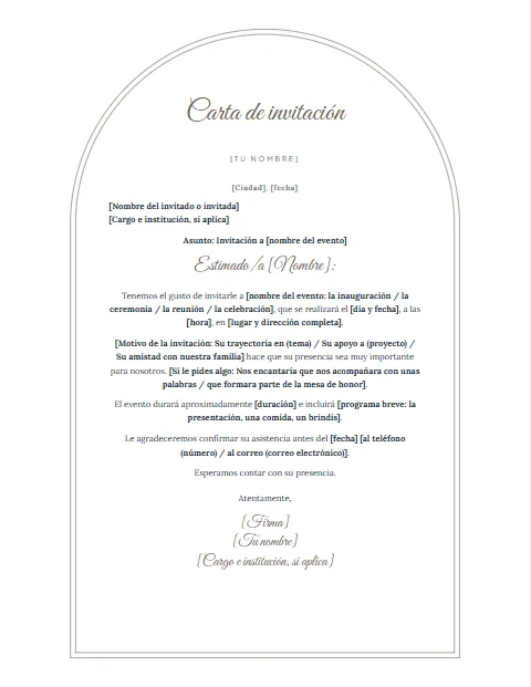 Formato de Carta de Invitación: diseño Arco de medio punto