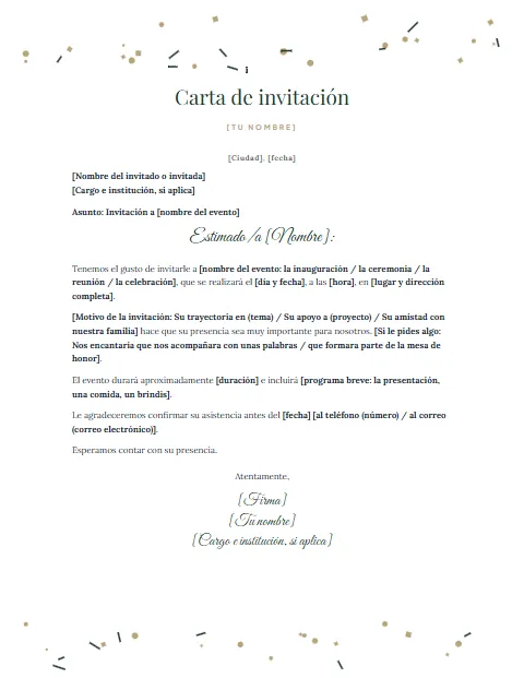 Formato de Carta de Invitación: diseño Confeti dorado