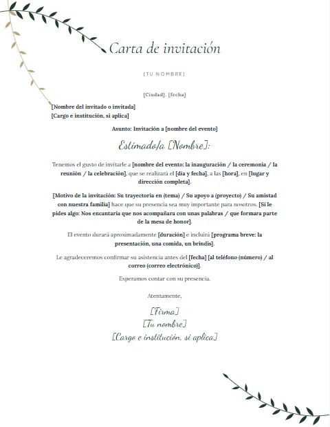 Formato de Carta de Invitación: diseño Eucalipto