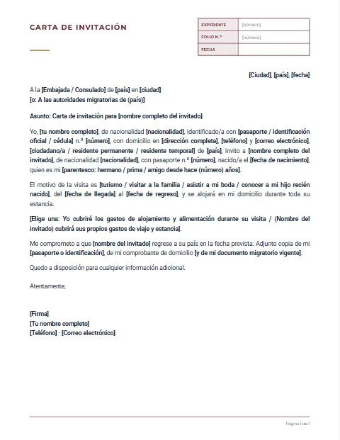 Carta de Invitación para Extranjeros: diseño Expediente