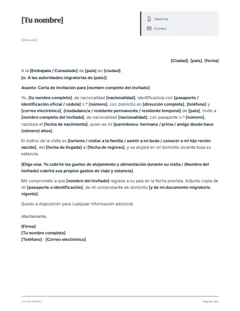 Carta de Invitación para Extranjeros: diseño Ficha de datos
