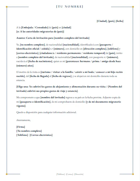Formato de carta de invitación para extranjeros