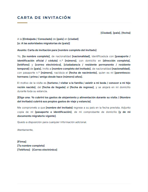 Carta de Invitación para Extranjeros: diseño Sobrio