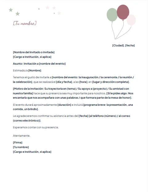 Formato de Carta de Invitación: diseño Globos