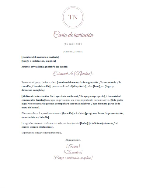 Formato de Carta de Invitación: diseño Monograma en círculo