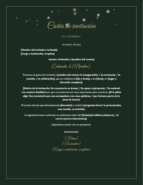 Formato de Carta de Invitación: diseño Noche dorada