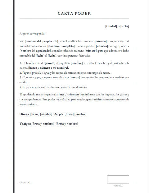 Carta Poder para Administración de Bienes: diseño Acta