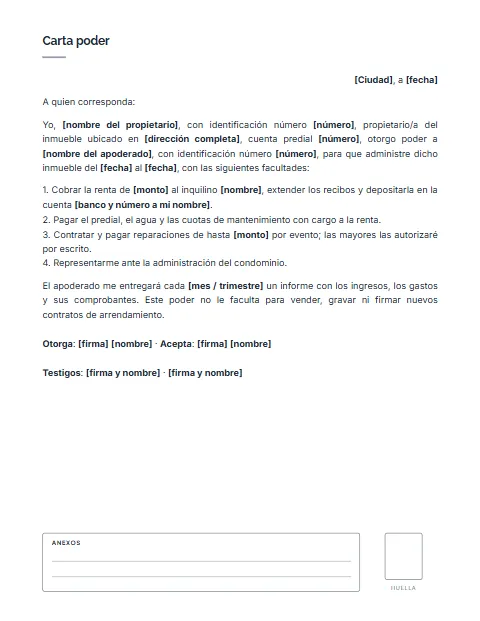 Carta Poder para Administración de Bienes: diseño Con anexos