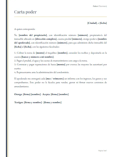 Carta Poder para Administración de Bienes: diseño Cinta