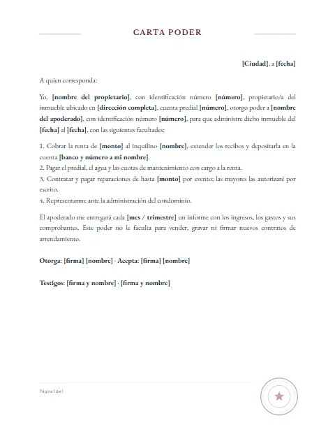 Carta Poder para Administración de Bienes: diseño Con sello