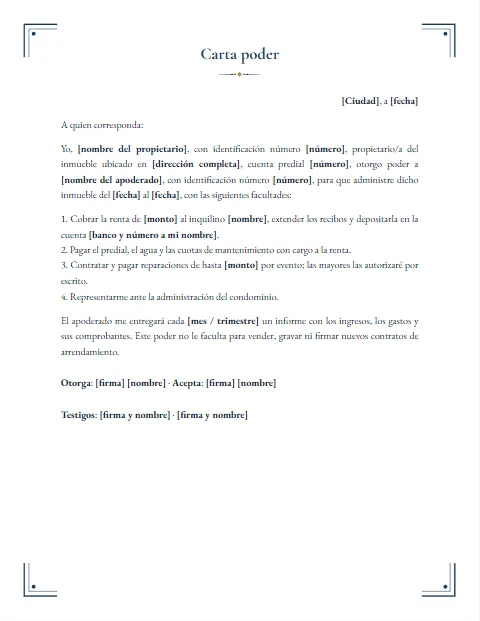 Carta Poder para Administración de Bienes: diseño Esquineros