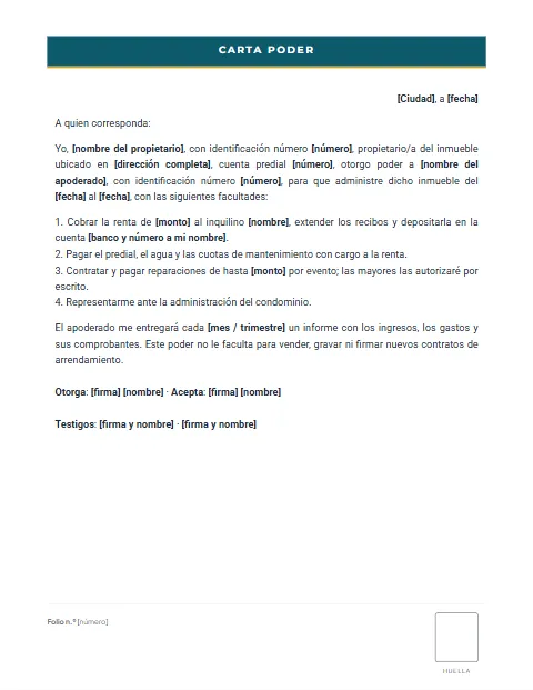 Carta Poder para Administración de Bienes: diseño Formato con huella